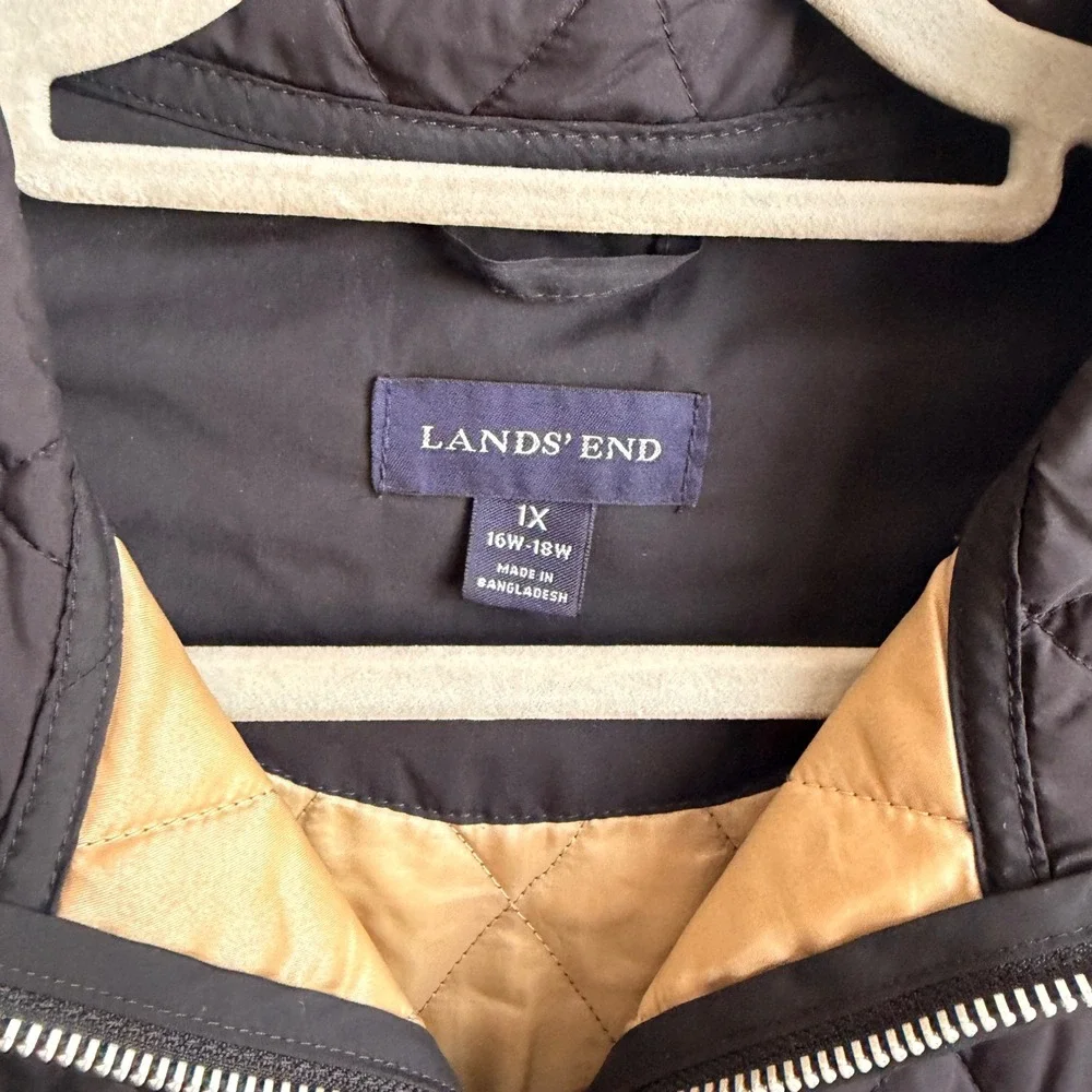 Lands End Black Quilted Barn Jacket Womens 1X 16W-18W Full Zip Tan Lining